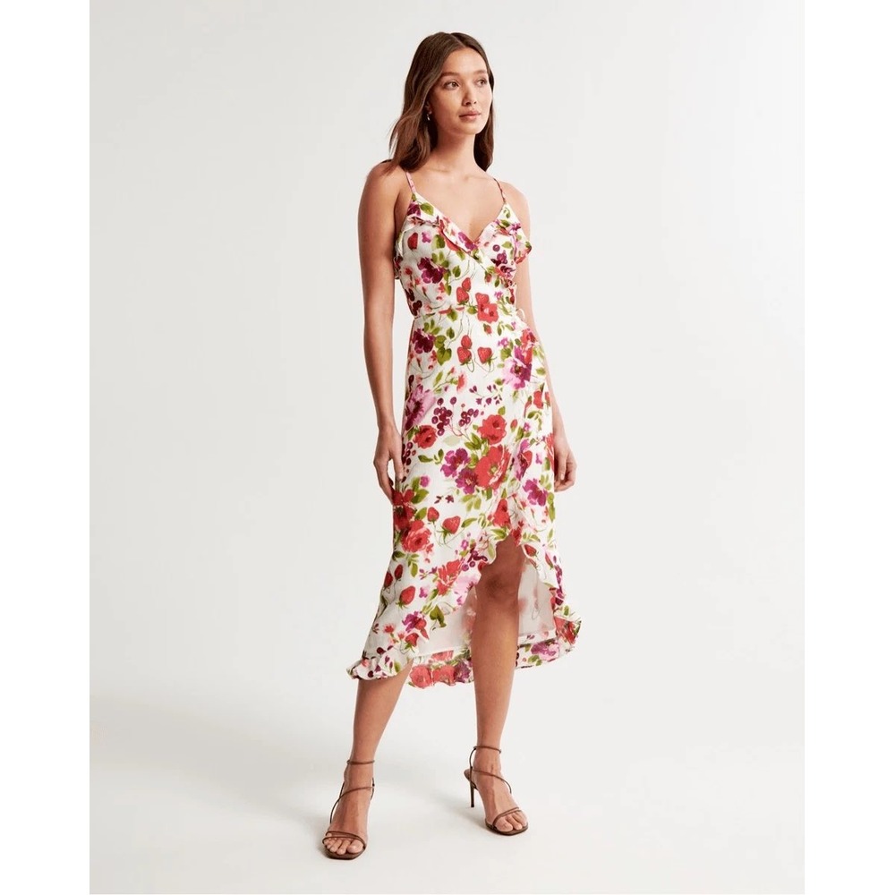 NEW Abercrombie Strawberry Floral Ruffle Wrap Midi Dress Cottagecore Romantic MP